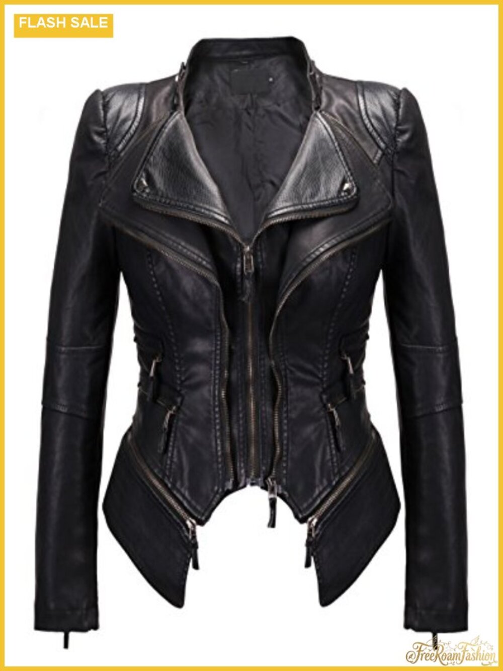 Studded Faux Leather Moto Biker Jacket Detachable Hem Slim Fit